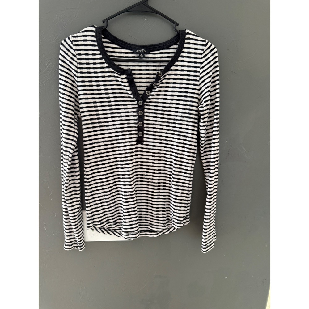 Lucky Brand Womens Black White Striped Ribbed Long Sleeve Henley Top Medium